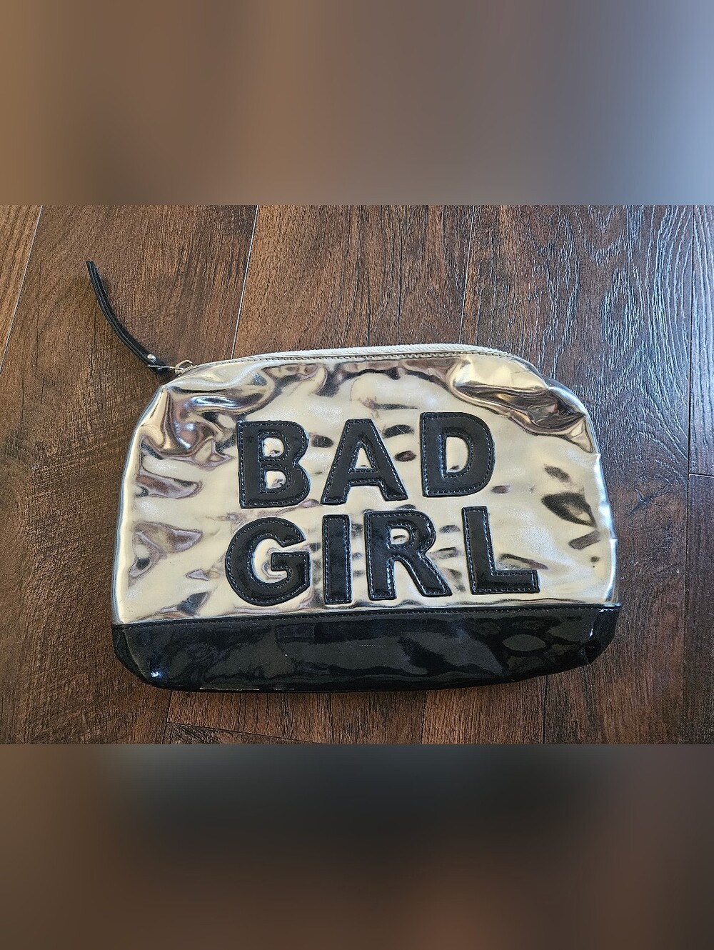 Nila Anthony Metallic Silver & Black 'BAD GIRL' Cosmetic Pouch